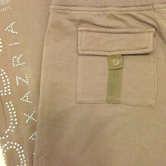 BCBGMaxAzria Lounge Pants Sz S Sparkle Studs Beads Letters TAUPE TAN - Picture 10 of 14